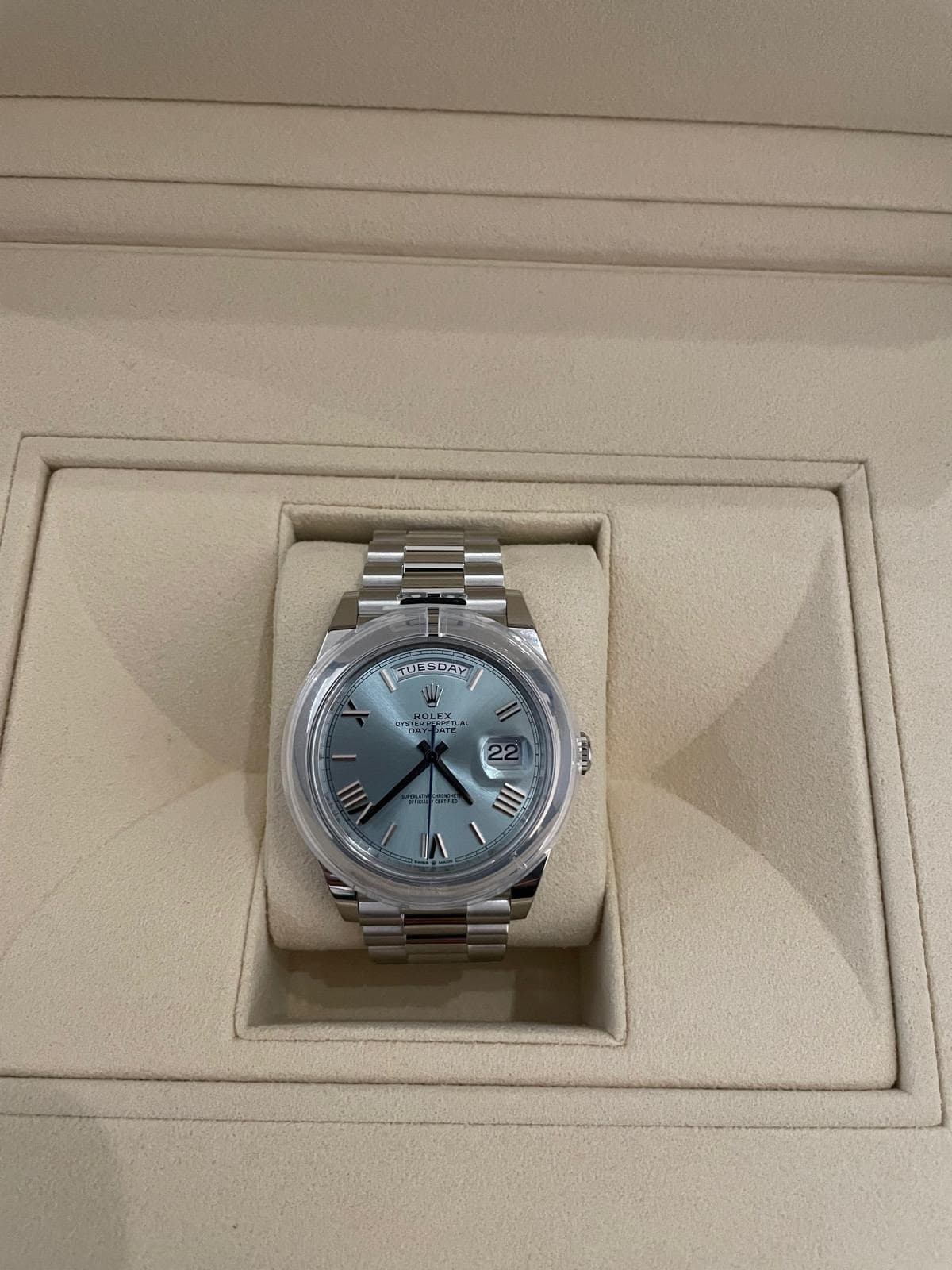 Rolex Day-Date in platinum with an ice-blue dial