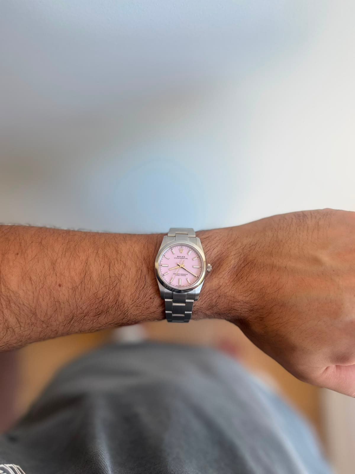 Rolex Oyster Perpetual pink dial on the wrist