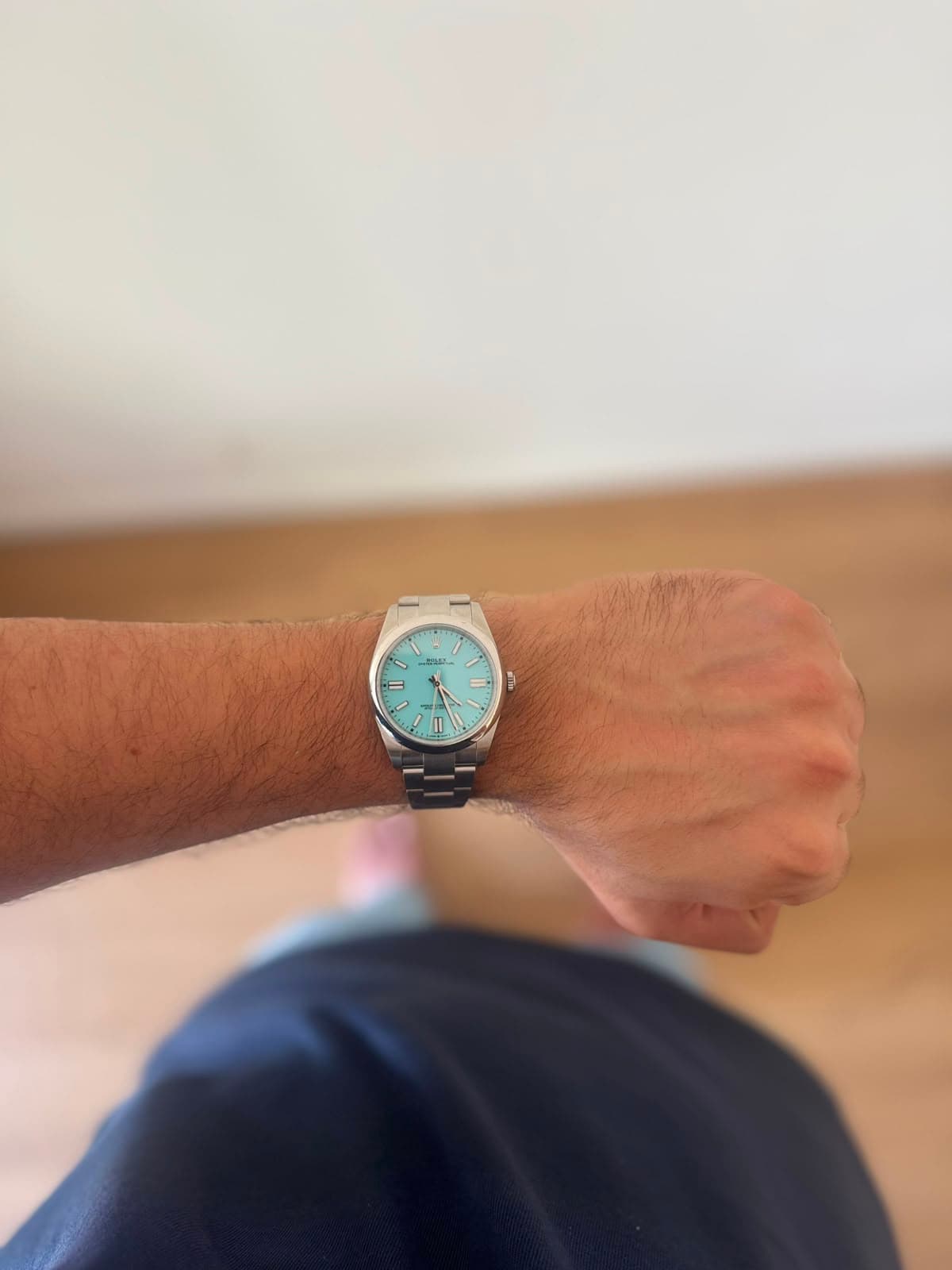 Rolex Oyster Perpetual turquoise dial on the wrist